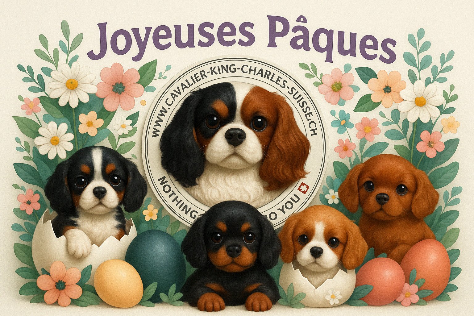 Joyeuses Pâques avec chiots Cavalier King Charles – élevage suisse responsable, chiot Blenheim, tricolore, rubis, noir et feu
